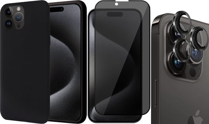Hoesje geschikt voor iPhone 15 Pro Max - Privacy Screenprotector FullGuard & Camera Lens Screen Protector Zwart - Back Cover Case SoftTouch Zwart