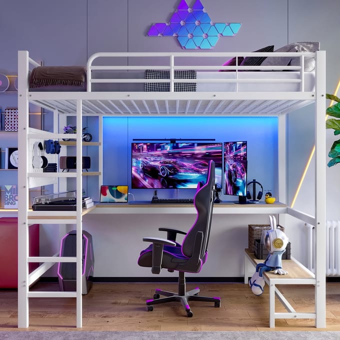 Hoogslaper - 90 x 200 cm - bureau - reling - ladder - plank - met USB Type-C-aansluiting - met LED-verlichting - zonder matras - wit