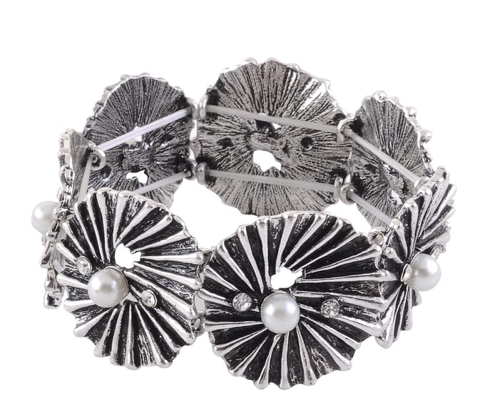 Behave - Armband - Vintage zilverkleur - Elastische met steentjes en parels