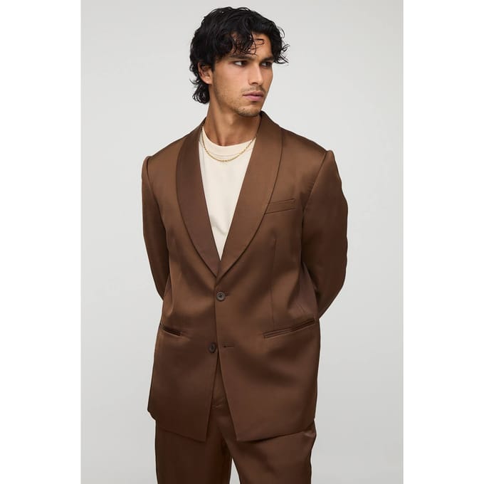Relaxed Fit Satin Shawl Collar Blazer | Chocolate | Size 48