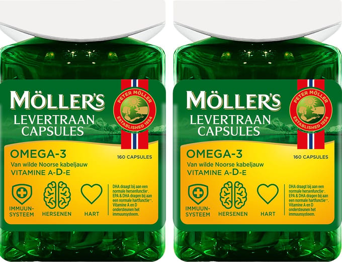Möller’s Omega-3 Levertraan - 2 x 160 capsules - Omega-3 capsules met vitamine D – Levertraancapsules – Levertraan met vanillesmaak