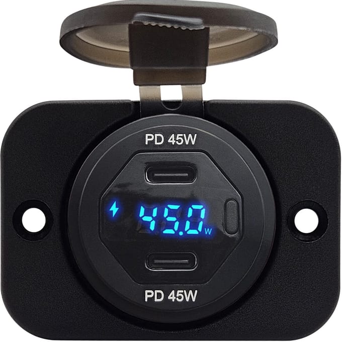ProRide 12V USB C Autolader 2 Poorten Inbouw met Schakelaar en Wattagemeter - 45W - QC3.0 - Complete set - Blauw