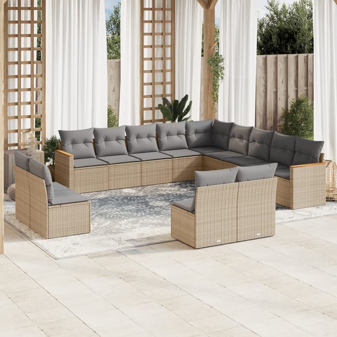 vidaXL - 13-delige - Loungeset - met - kussens - poly - rattan - gemengd - beige