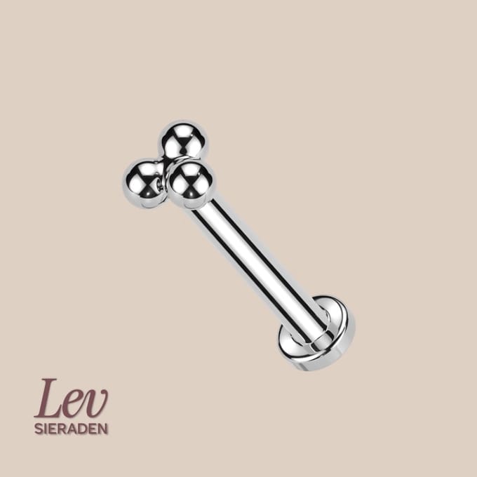 Lev Sieraden - Titanium internally threaded labret - 1.2mm - 8 mm met 3 balls - Intern geschroeft labret Zilver - Piercing - labret piercing - neuspiercing staafje - tragus piercing - Oorpiercing