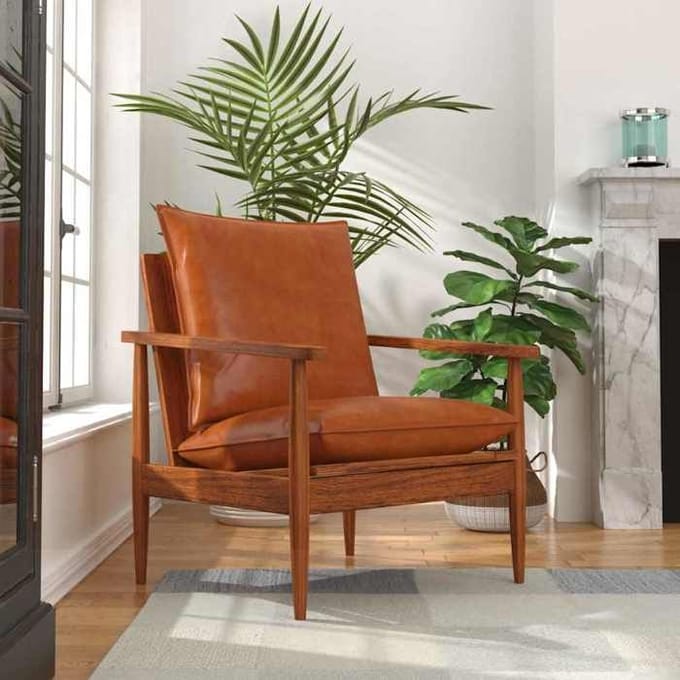 Exclusief Huis - Bruine Fauteuil Echt Leer met Acaciahout bruin