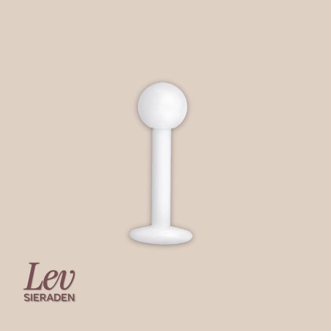 Lev Sieraden - 1.2 x 8 mm Bioplastic labret met 3mm ball - Wit kleurig - Retainer piercing - PTFE - Bioflex
