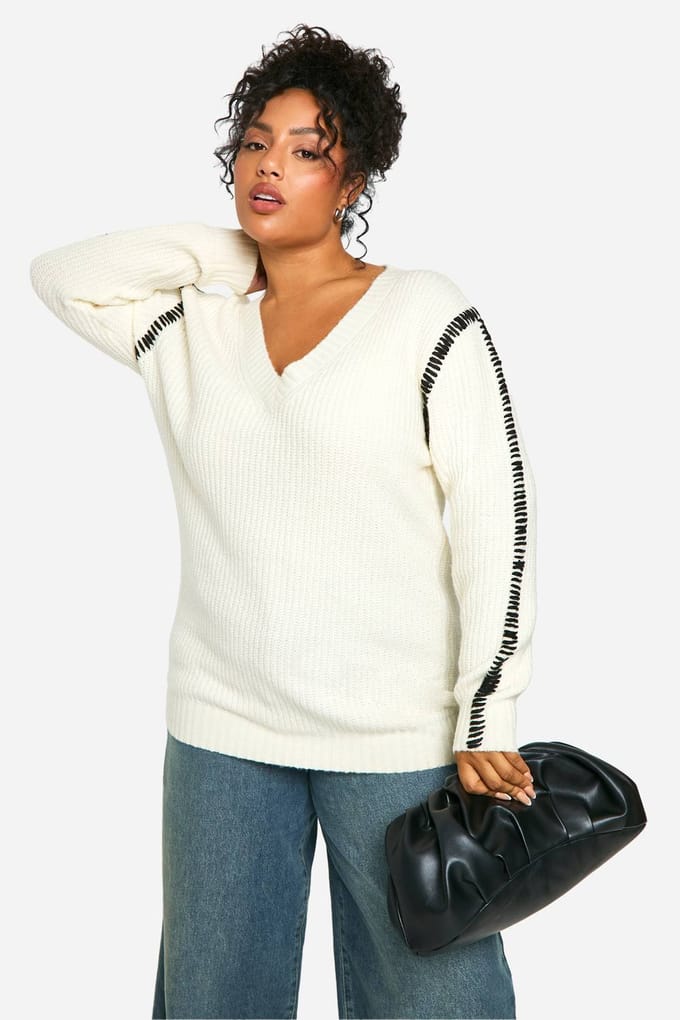 boohoo Dames Plus Premium Contrast Trim V-hals Longline Trui | Ecru | Maat: 22