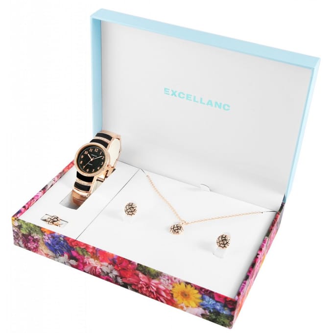 Excellanc dames horloge sieradenset goudkleurig en zwart
