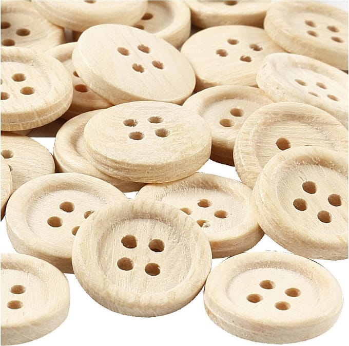 Houten knopen, d 23 mm, 4 gaten, 30 stuk/ 1 doos