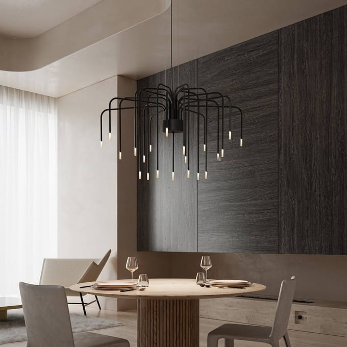 Karman LED hanglamp BOOM, zwart, metaal, Ø 90 cm 22-lichts.