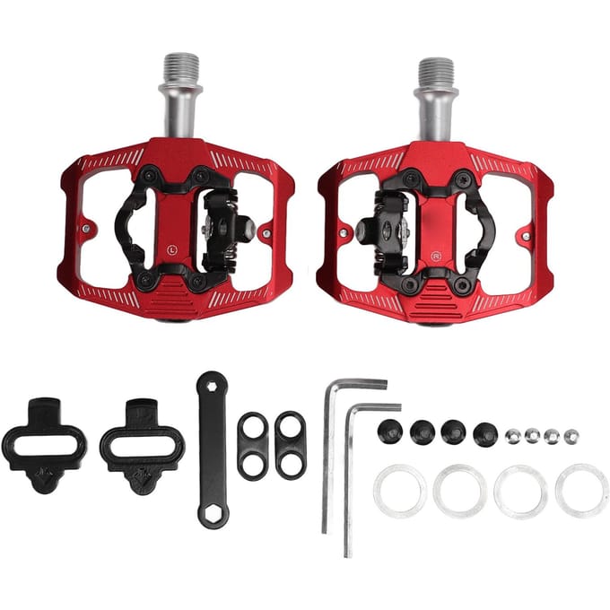 Pédale de Vélo Double Fonction Plate à Fixations Clipless 3 Roulements Scellés Pédale de Vélo VTT pour SPD rouge