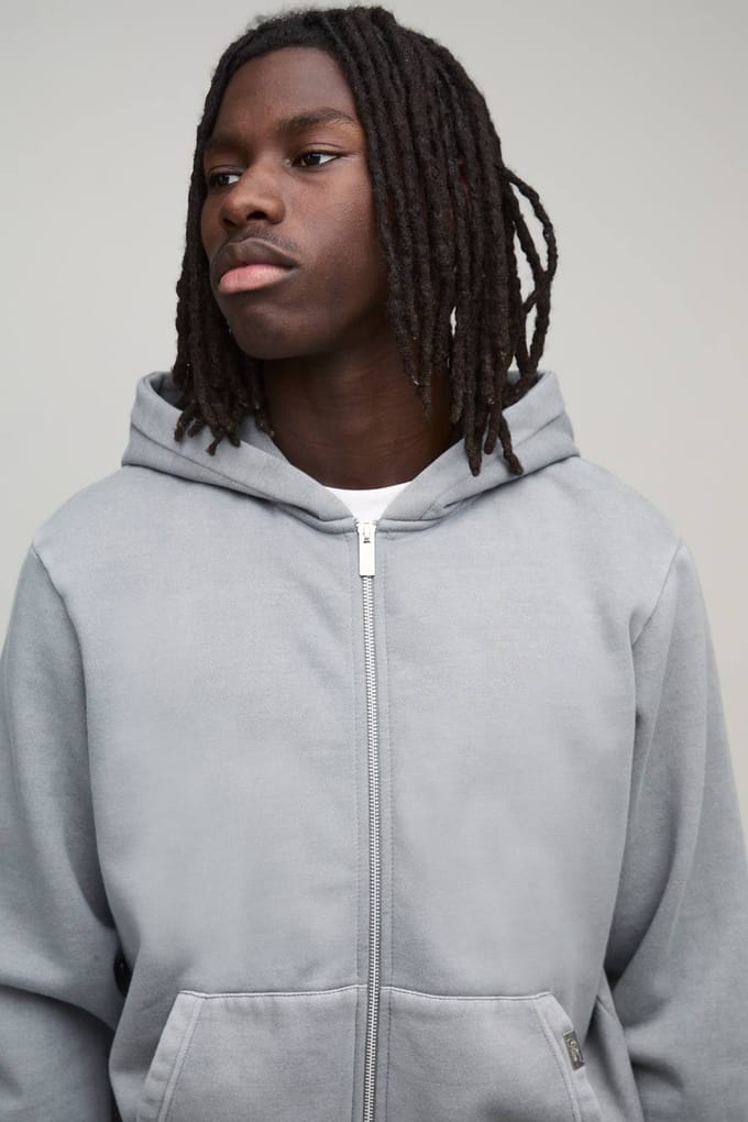 Essential Gewassen Boxy Hoodie Met Rits | Washed Grey | Size Medium