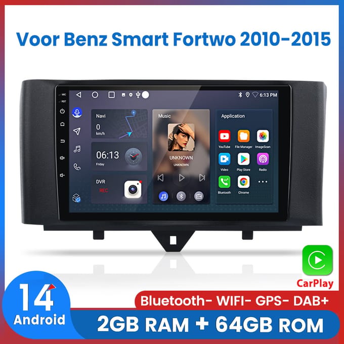 Awesafe Autoradio Geschikt Voor Mercedes Benz Smart Fortwo 2010 t/m 2015 - Android 14 - Draadloos Apple Carplay & Android Auto - 2GB + 64GB - 4 Core processor - Bluetooth & Wifi GPS Navigatie - 2010 2011 2012 2013 2014 2015