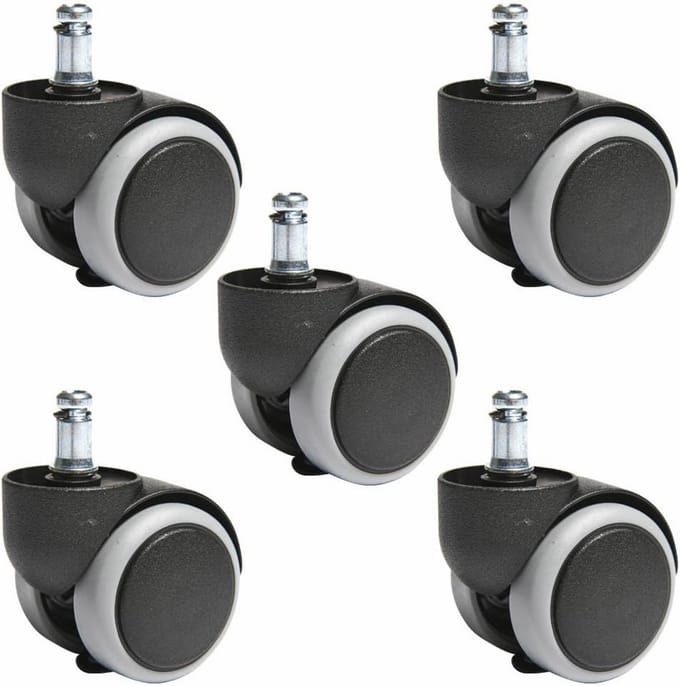 Bureaustoelwielen voor harde vloeren - Set van 5, 10 mm stiftgrootte, 50 mm diameter, zwart
