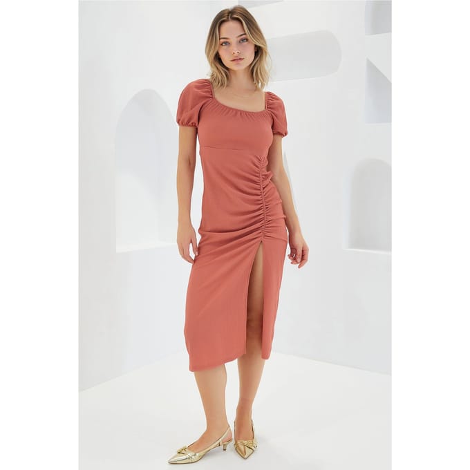 Textured Midi Brei Jurk met Vierkante Kraag