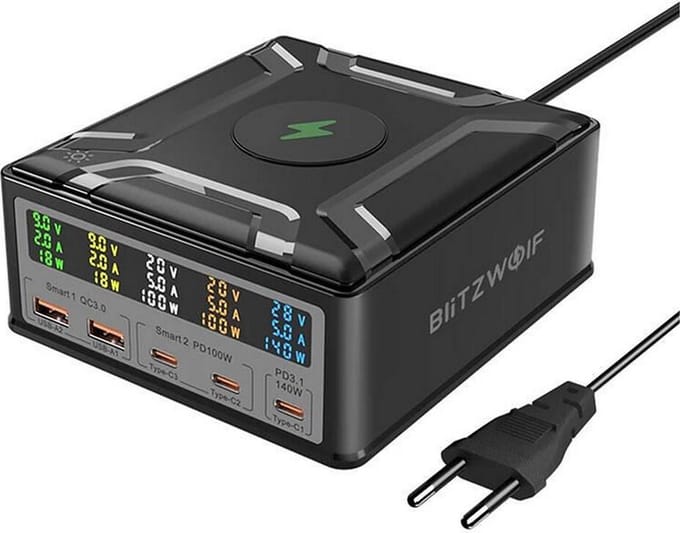 BlitzWolf BW-S28 260W 2xUSB-A 3xUSB-C 15W wireless charger (black)