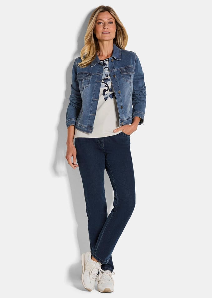 Jeansjasje met siersteentjes - blau - Gr. 44 van Goldner Fashion