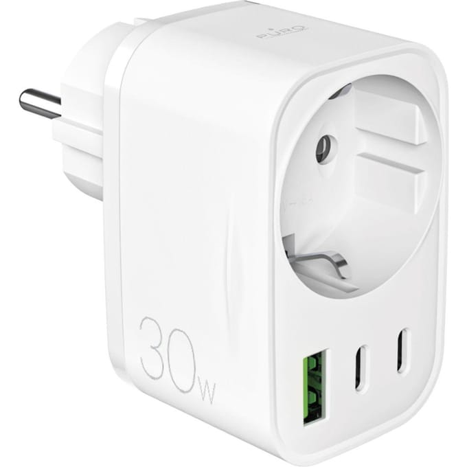 Puro 30W Power Delivery Charger with Schuko Plug and Socket 2x USB-C + 1x USB-A - White