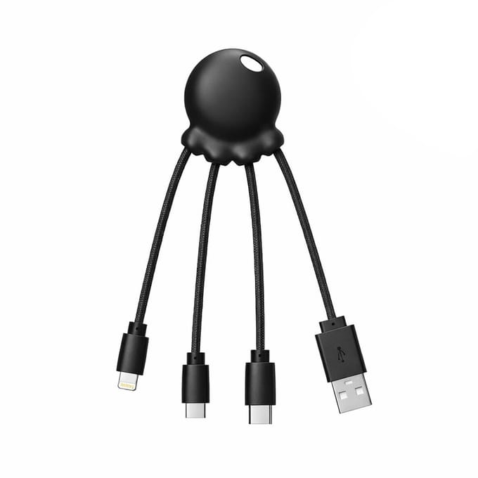 Xoopar - Octopus Recycled 3-in-1 Laadkabel – USB naar USB-C, Lightning en Micro-USB – Compacte Multilaadkabel – 0,1 m – Zwart