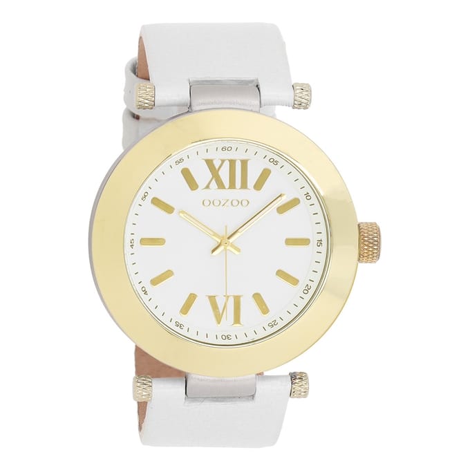 Goudkleurige OOZOO horloge met witte leren band - C5756