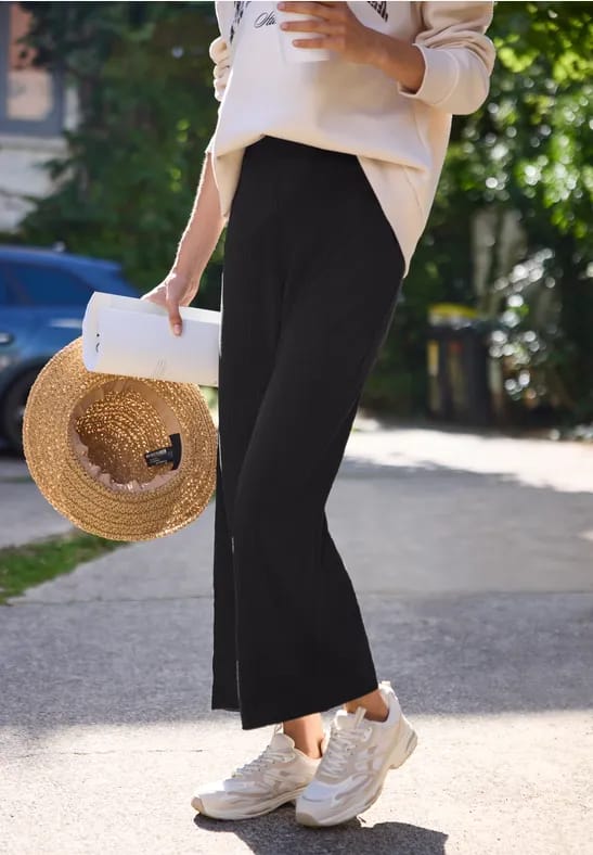 Broek met Wide Leg pijpen en geribbelde structuur
