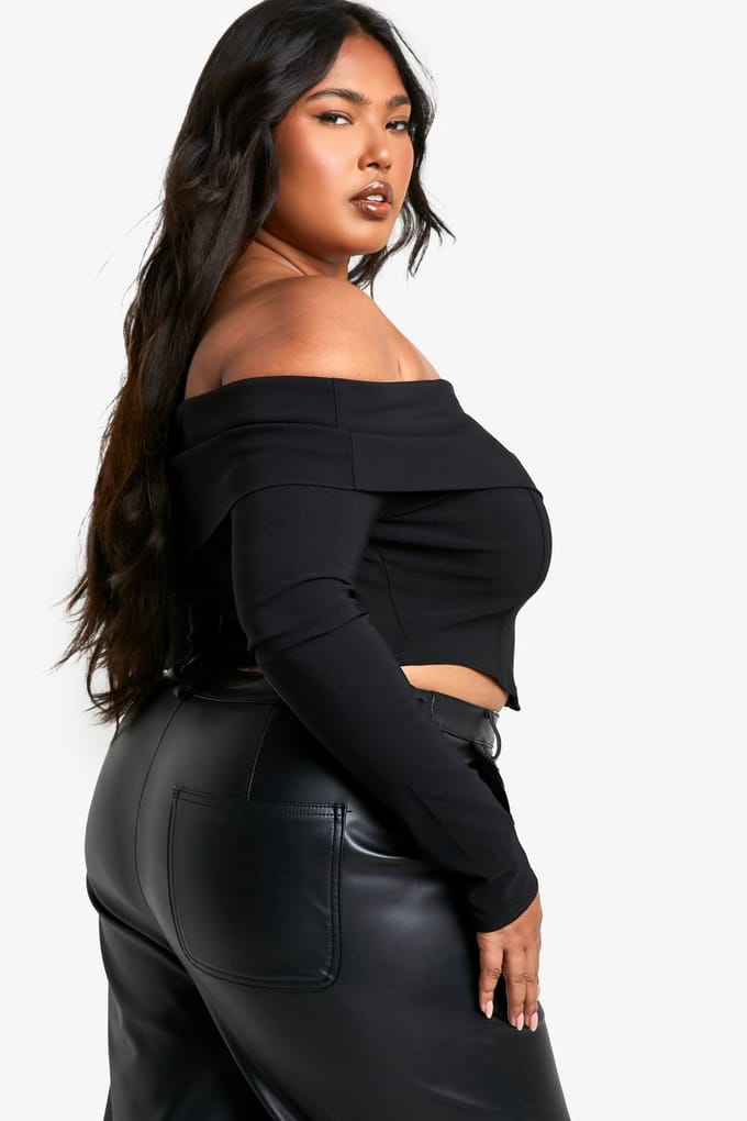 boohoo Dames Plus Bengaline Off-Shoulder Haak & Oog Top | Zwart | Maat: 54