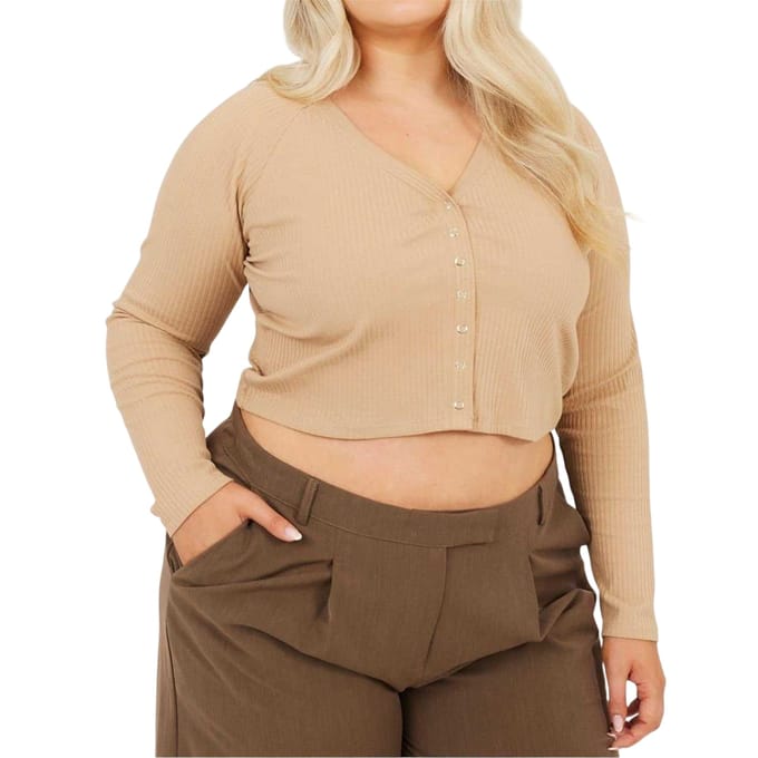 Brave Soul Dames Geribbeld V-Hals Plus Lange Mouwen Crop Top (Taupe)