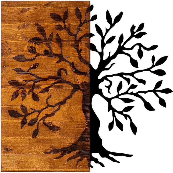 Asir - Decoratief houten wandaccessoire - Okkernoot & Zwart - 58 x 58 cm