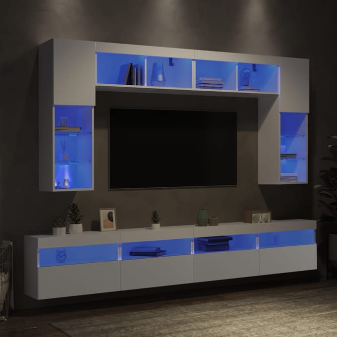 vidaXL - 8-delige - tv-wandmeubelset - met - LED-verlichting - wit
