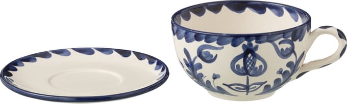 J-Line kopje + schoteltje Granada - keramiek - wit/blauw