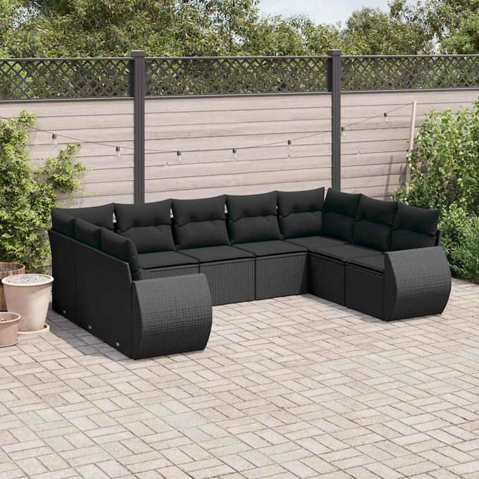 vidaXL - 9-delige - Loungeset - met - kussens - poly - rattan - zwart