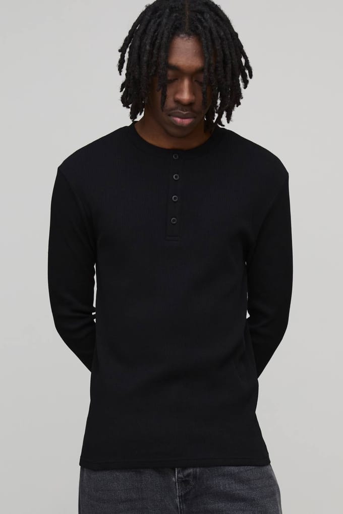 Muscle Fit geribbeld Henley T-shirt met Henley-hals | Black | Size Large