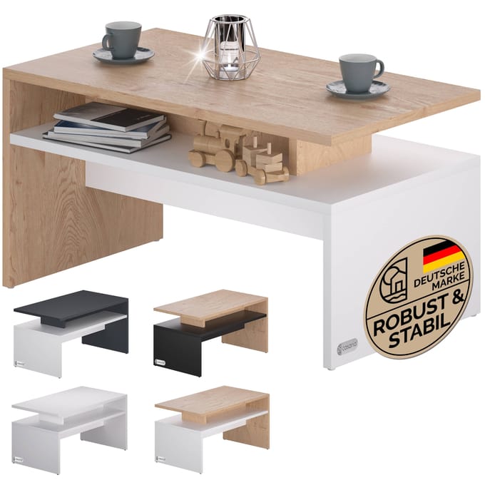 Casaria Salontafel – Opbervak 95x55x50cm Krasbestendig – Wit Eik