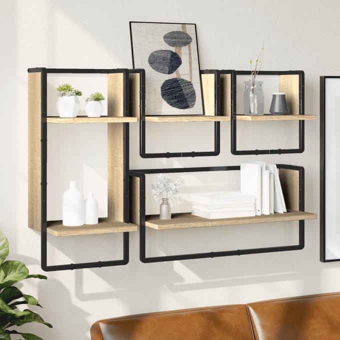vidaXL - 4-delige - Wandschappenset - met - stangen - bewerkt - hout - sonoma - eiken
