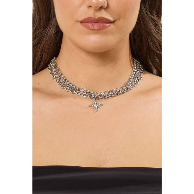 Yours Zilverkleurige Ster Diamante Chokerkettingsize One Size