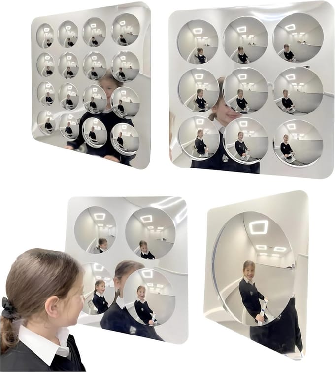 Set van 4 Sensorische Convexe Bubbbelspiegels voor Kinderen, 51x51 cm, Wandmontage