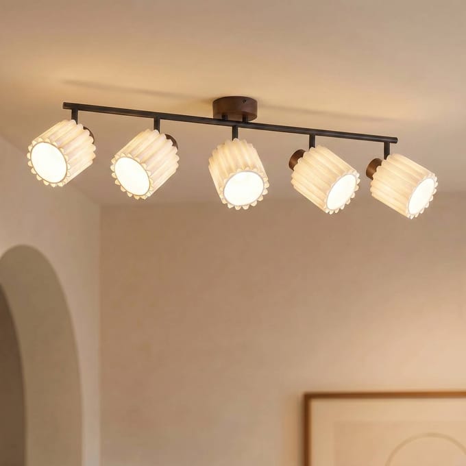 Lindby - buitenspot - 5lichts - walnoothout, linnen - H: 17 cm - E14 - Donker hout, beige
