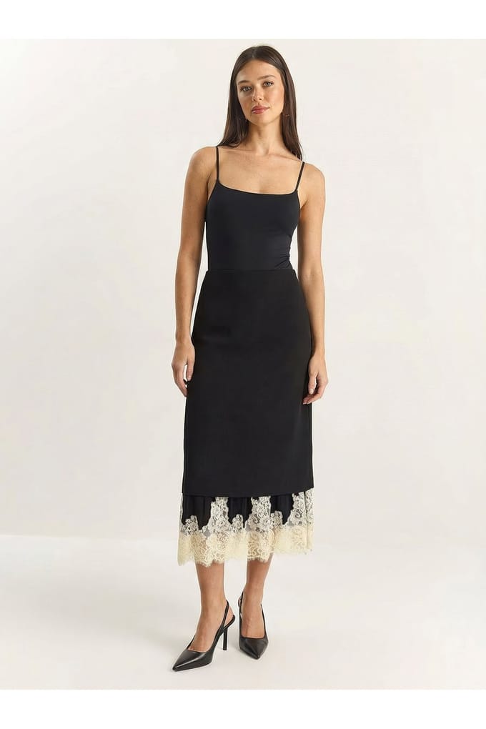Hoge Taille Midi Rok met Kantonderzijde