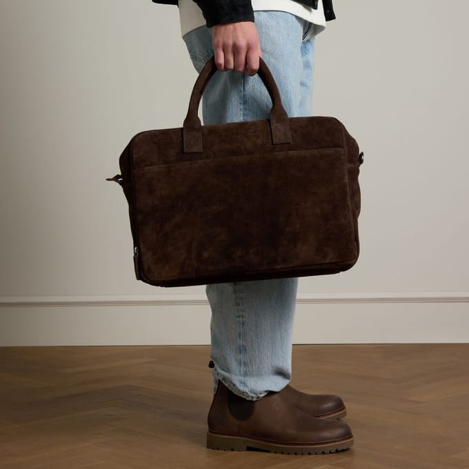 Manfield - 18 inch donkerbruine suède laptoptas