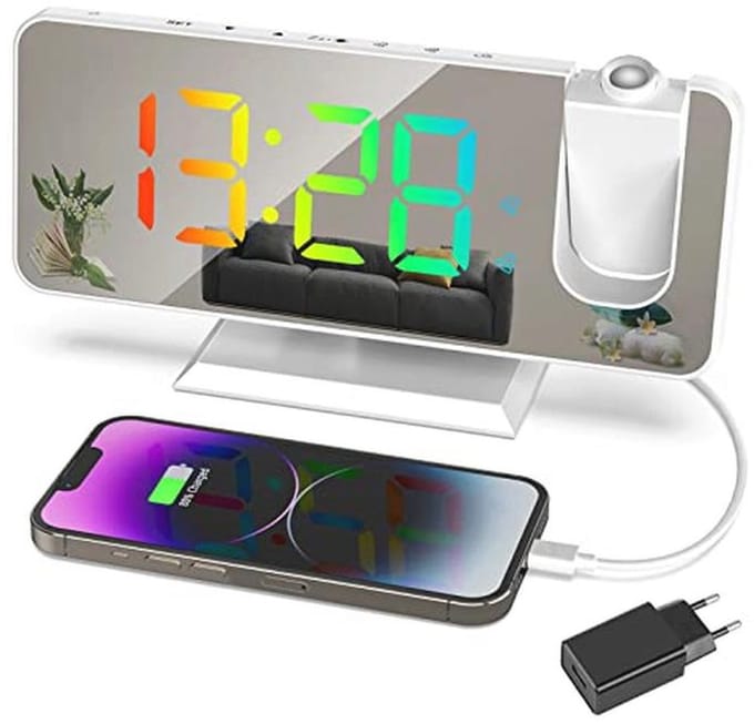 Plafondprojectiewekker met RGB-display, 7,5 inch, digitale klok, USB-poort, dubbel alarm