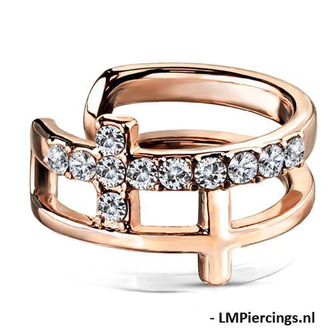 Fake piercing double cross CZ paved gold plated rose kleur - LMPiercings