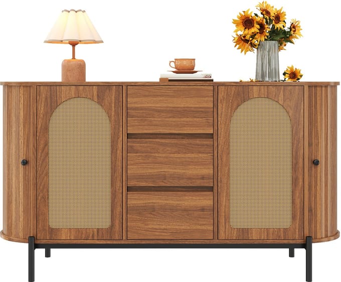 Sideboard - Rotan met Schuifdeuren, Lades en Verstelbare Planken - Houtlook