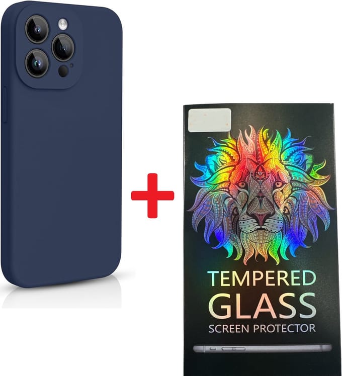 Solid hoesje Soft Touch Liquid Silicone + 1X Screenprotector Tempered Glass [Camera all-round bescherming] - Geschikt voor: iPhone 15 Pro Max - Middernachtblauw