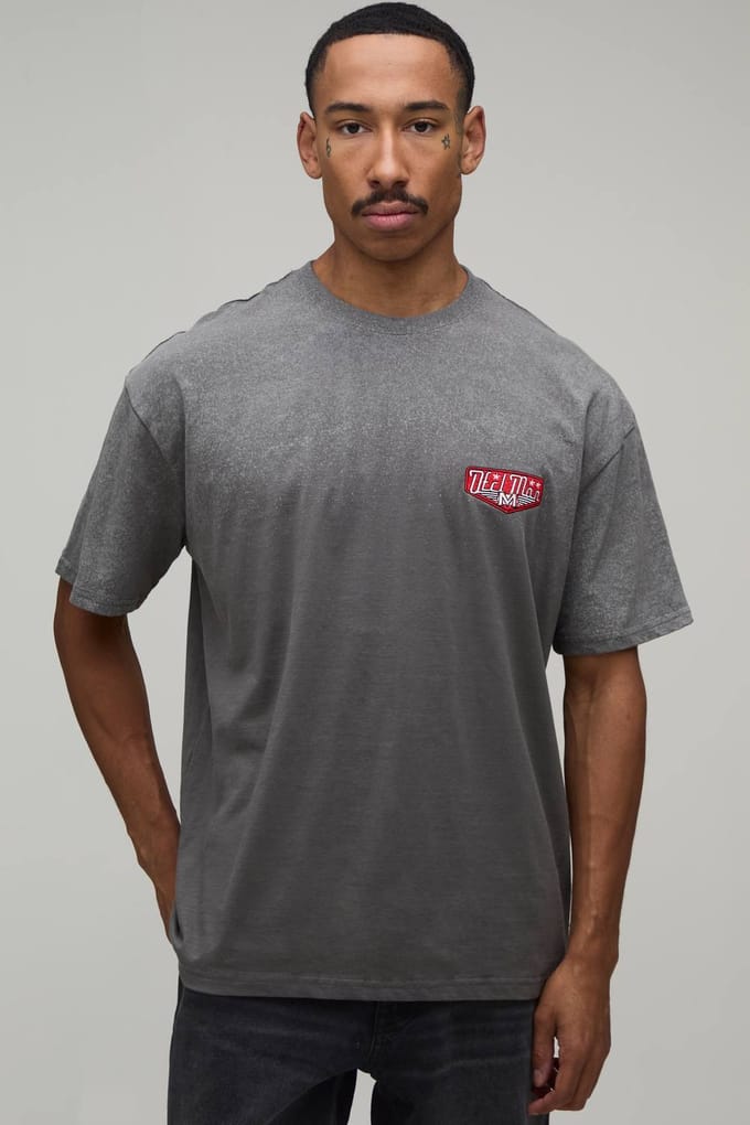 Oversized Ofcl Men's Geborduurd Spray Wash T-shirt | Charcoal | Size Small