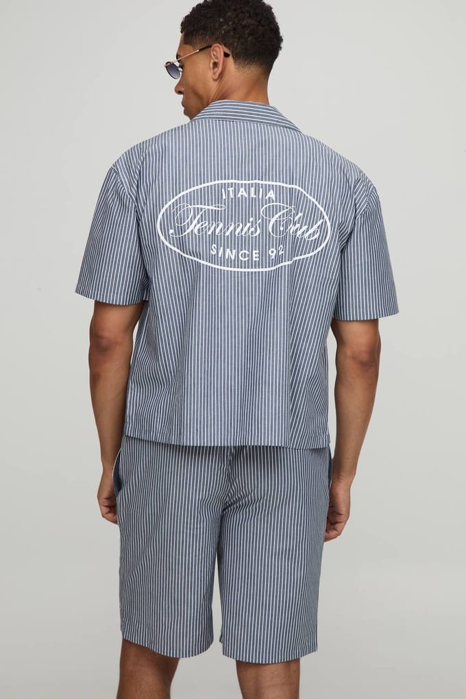 Oversized Boxy Stripe Tennis Club Print Revere Shirt and Short Set | Navy | Size Medium