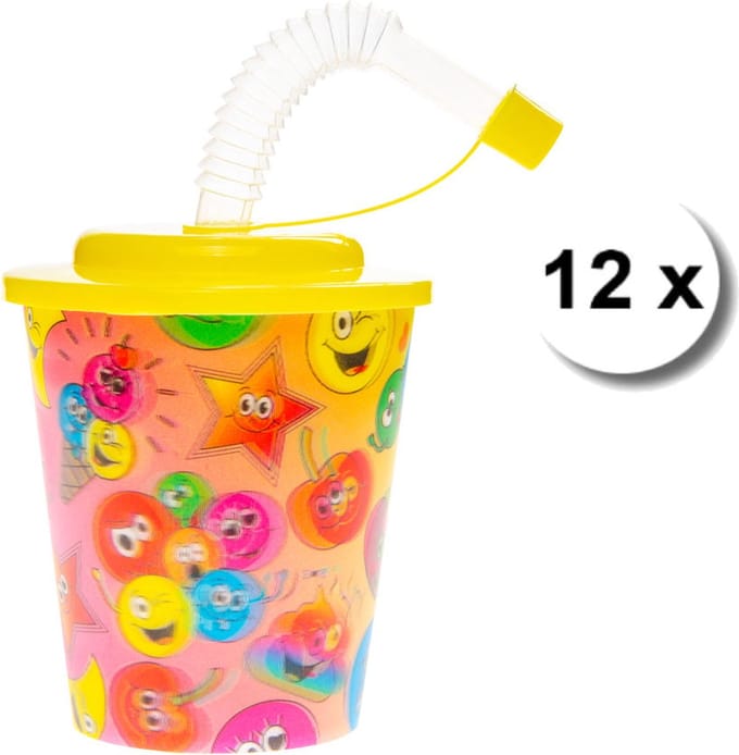 12 stuks 3D beker met rietje en deksel - herbruikbaar - Emotie - lachgezicht