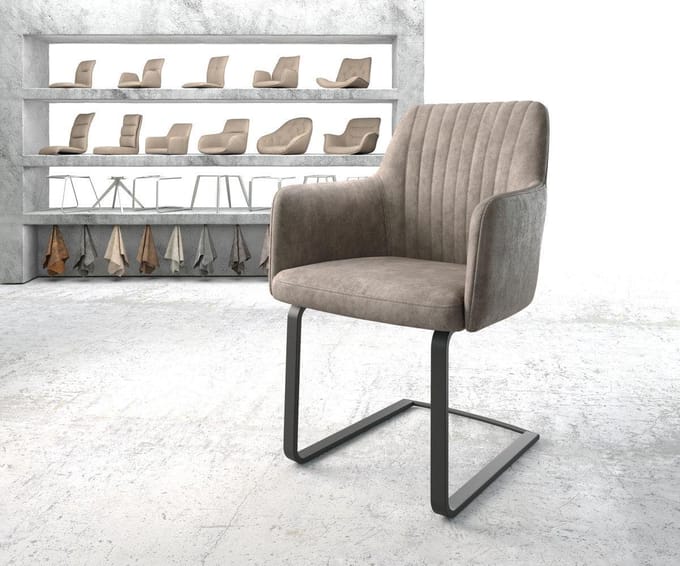 Sledestoel Greg-Flex sledemodel vlak zwart microvelours taupe vintage pocketveer kern