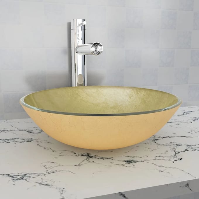 vidaXL - Wasbak - gehard - glas - 42 - cm - goud