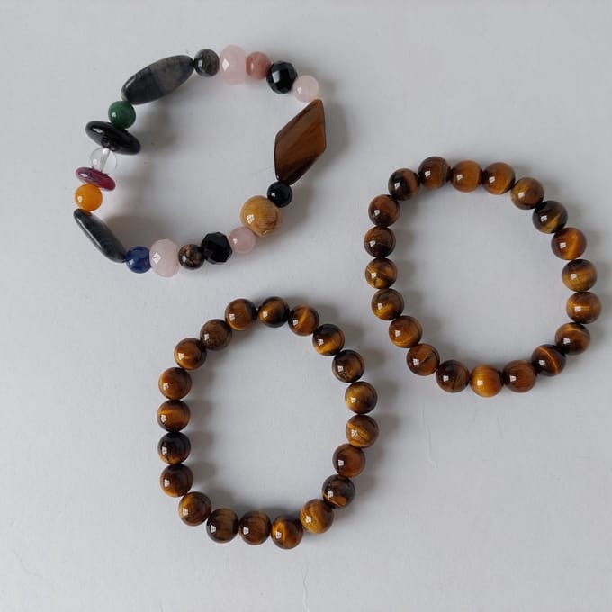 Edelsteen Armbanden Set - Tijgeroog, Rozenkwarts en Obsidiaan - Handgemaakt - 3 Stuks