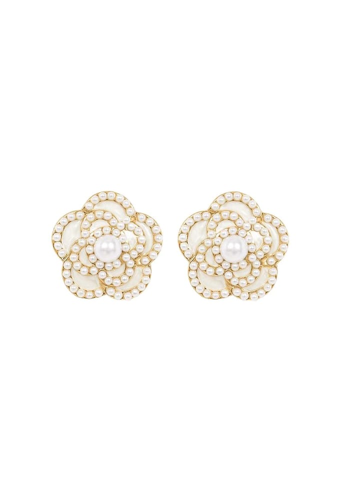 Margot Bardot Camelia Flower Pearl Studs White